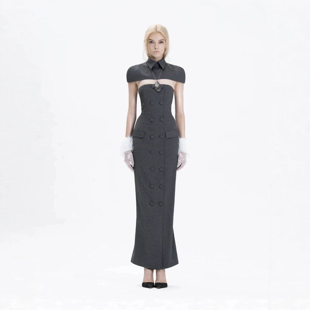 Double-Breasted Strapless Sleeveless Suit with Lapel - Grey Avalabel