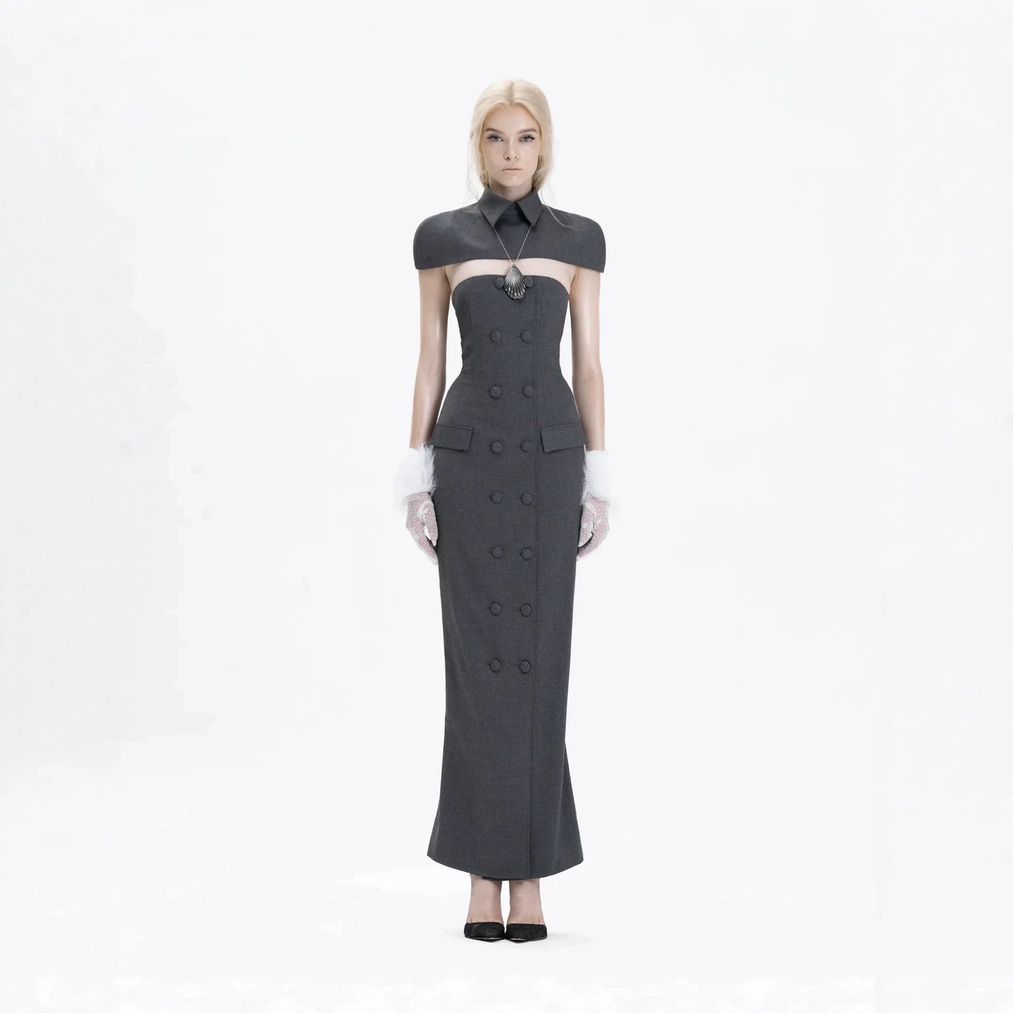 Double-Breasted Strapless Sleeveless Suit with Lapel - Grey
