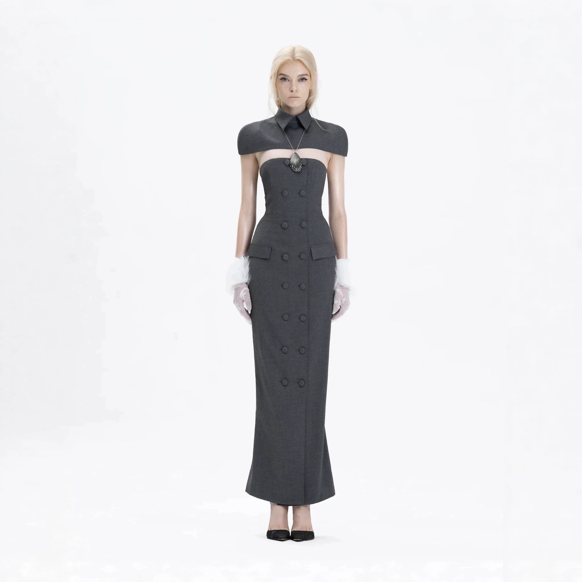 Double-Breasted Strapless Sleeveless Suit with Lapel - Grey Avalabel