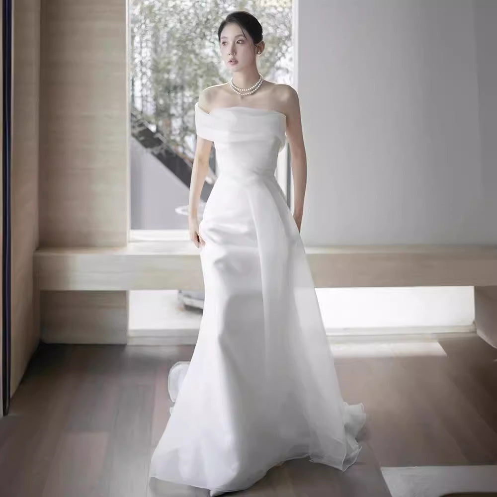 Lisa in a Simple Yet Elegant White French-Style one-Shoulder Mermaid Maxi Dress Avalabel