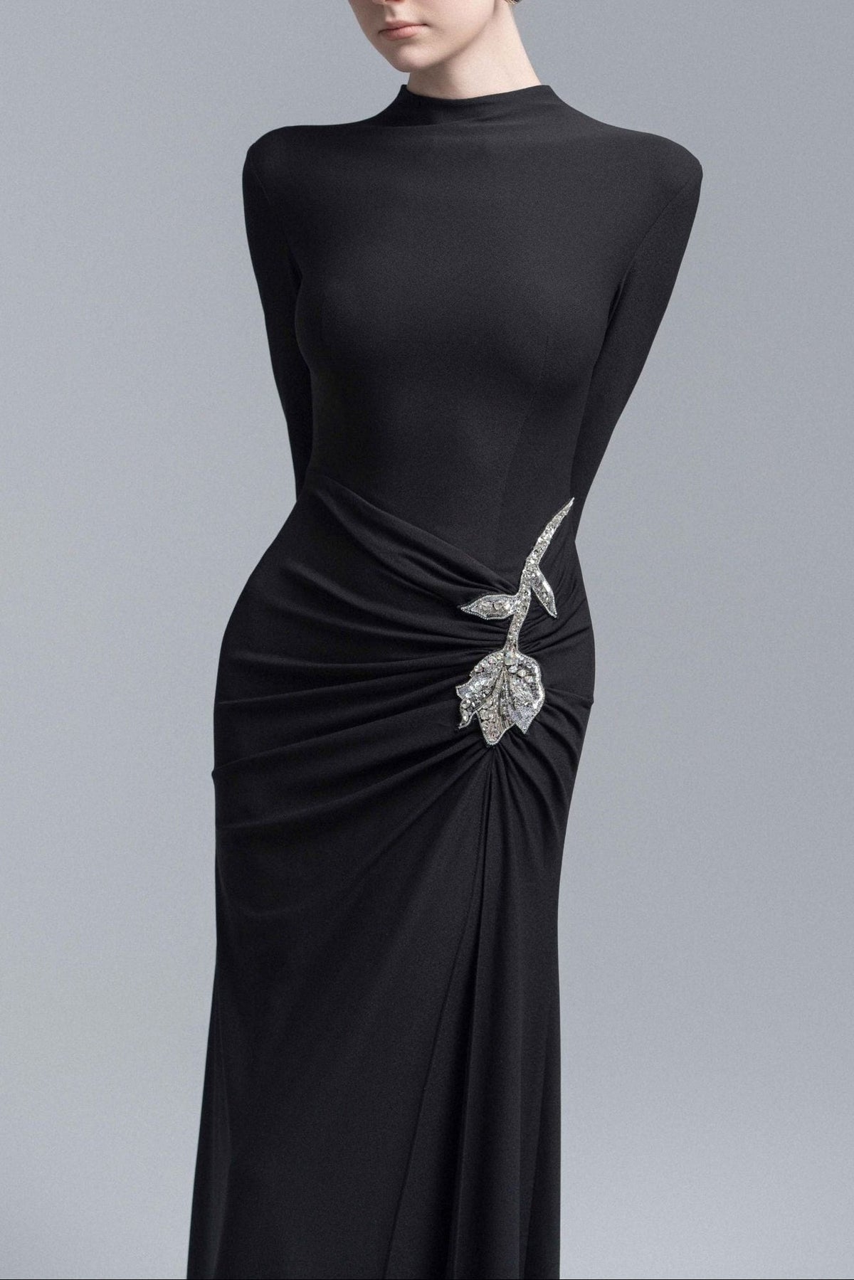 hedwig rose embellished gathered sheath gown in black Avalabel