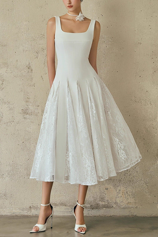 kitty square neck lace maxi dress in white Avalabel
