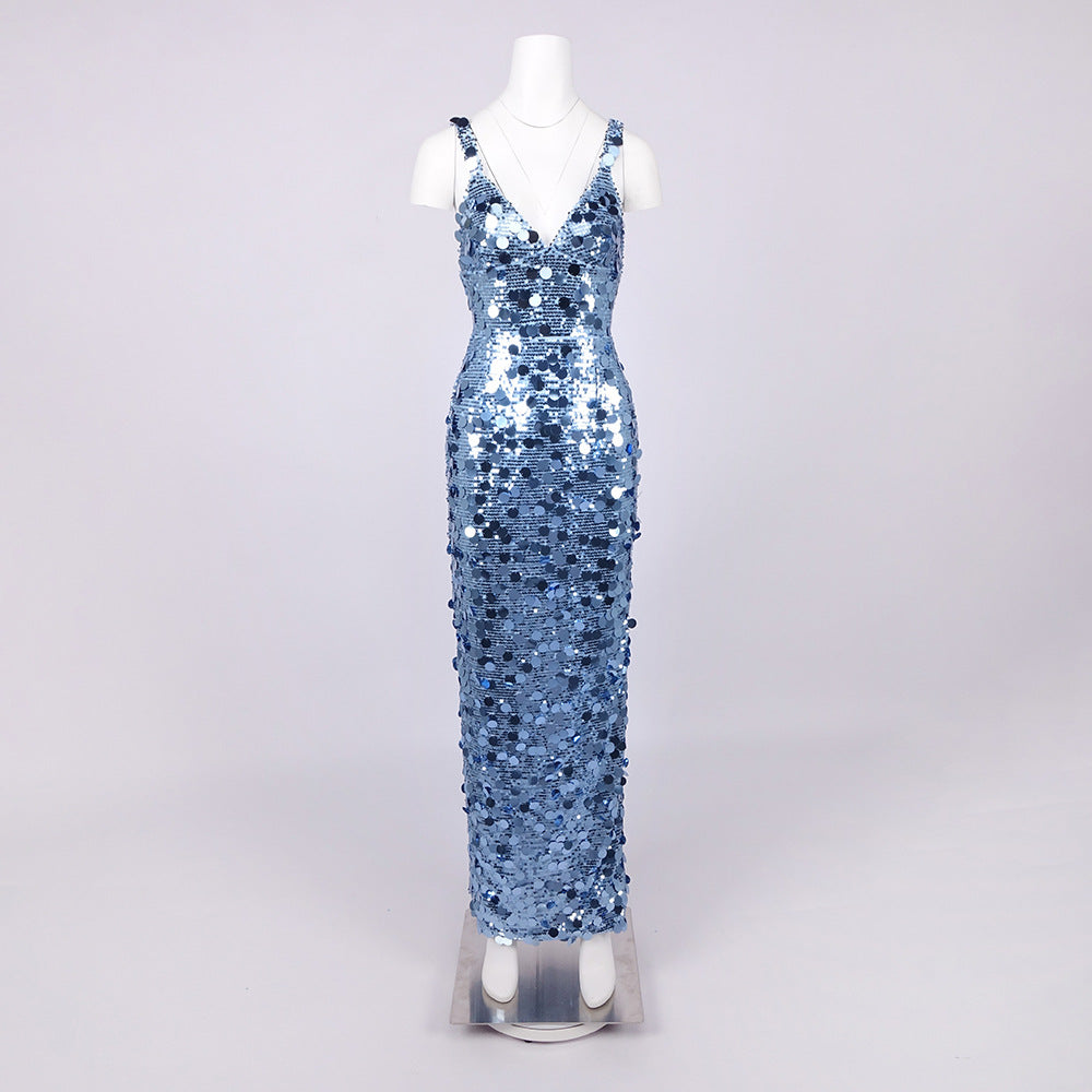 roberta Deep V-Neck Sequin Column Gown in blue Avalabel