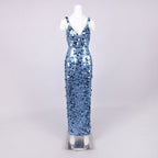 roberta Deep V-Neck Sequin Column Gown in blue Avalabel