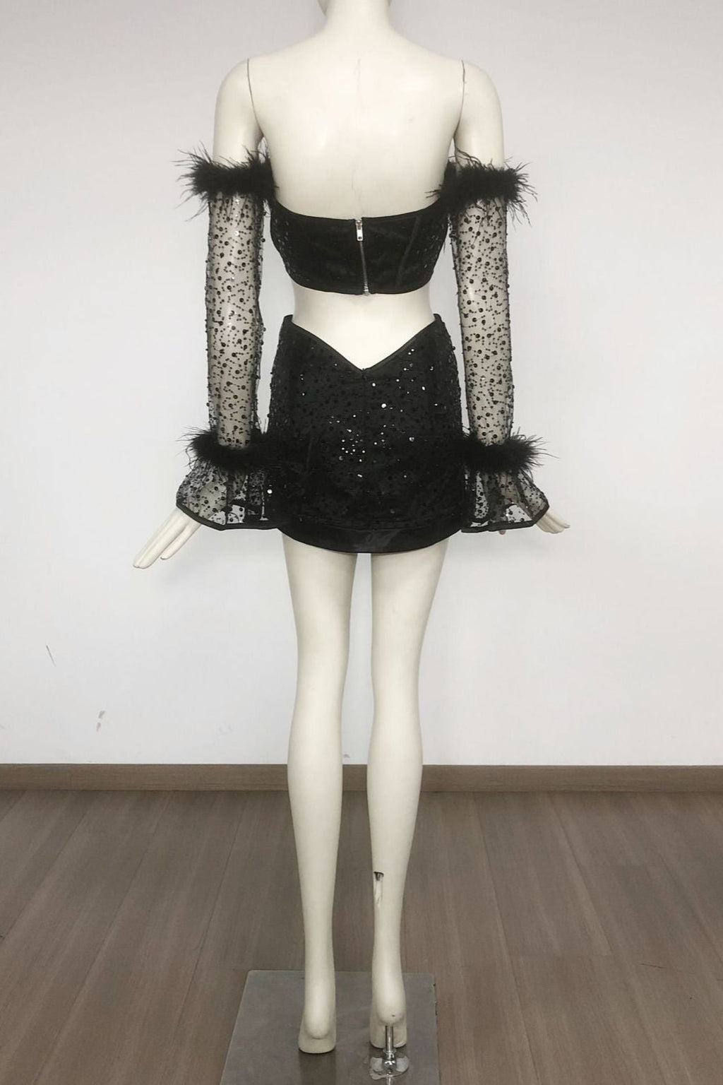Black Off-Shoulder Top Short Mesh Skirt Set Avalabel
