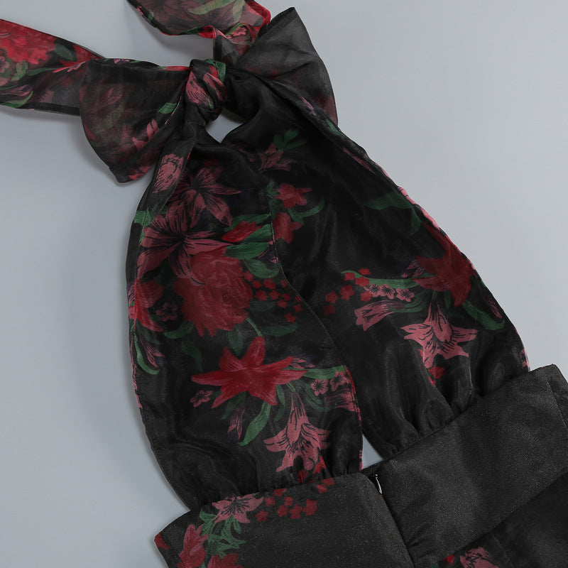 Georgia Floral Print Halter Ruffle Maxi Dress in Black Avalabel