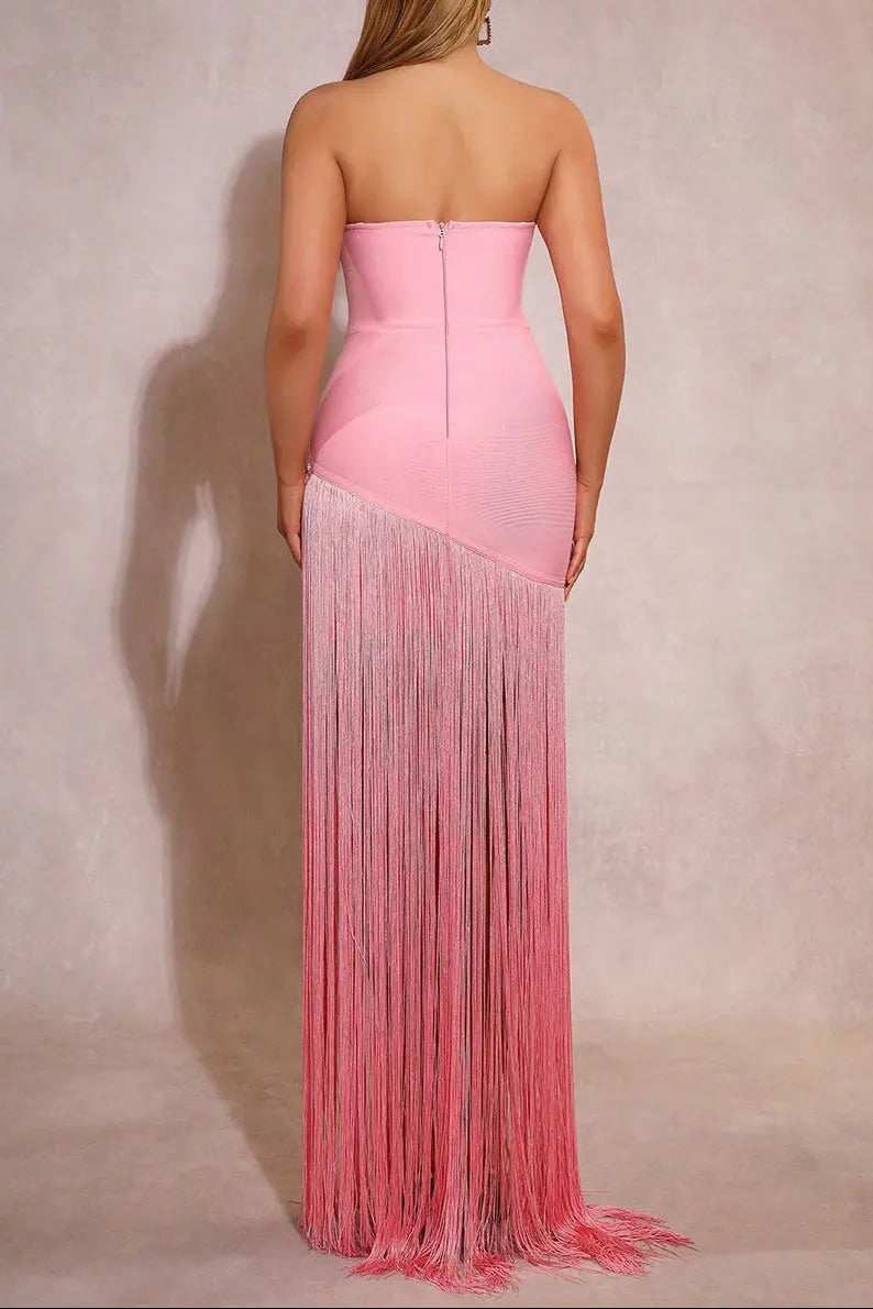 Rita 3D Flower Diamond-Decorative Tassel Bandage Maxi Dress in Pink Avalabel