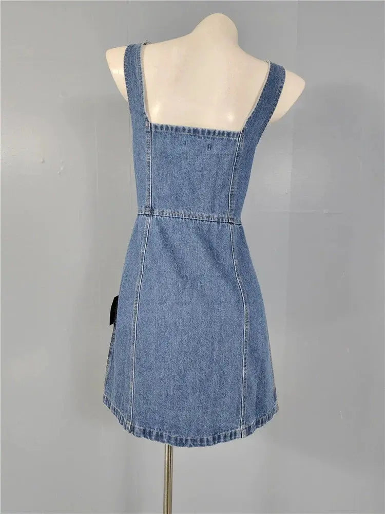 denim suspender square neck slim mini dress Avalabel