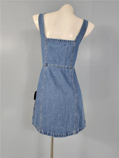 denim suspender square neck slim mini dress