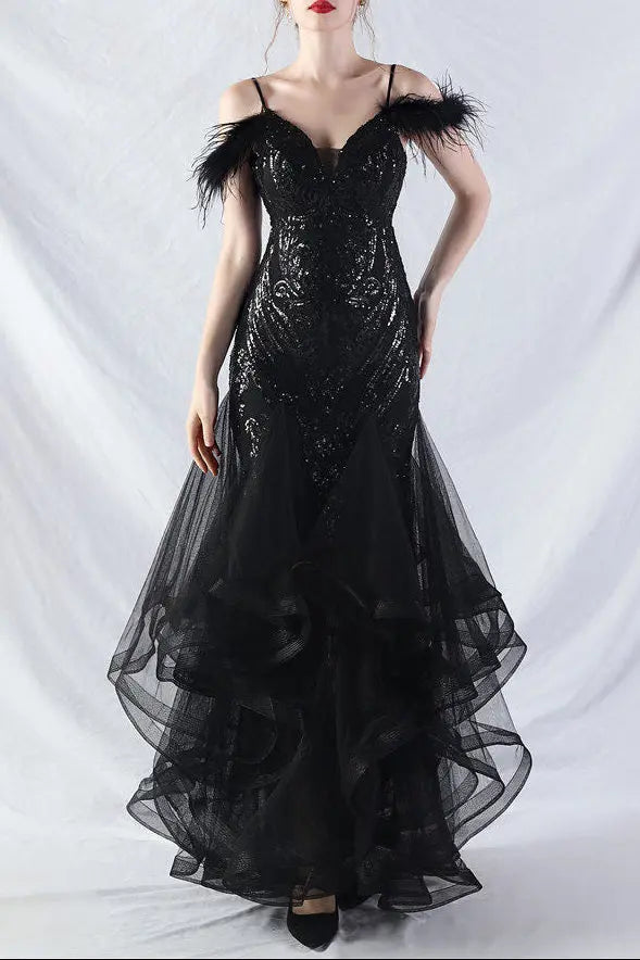 feather sequin strapless tulle maxi dress Avalabel