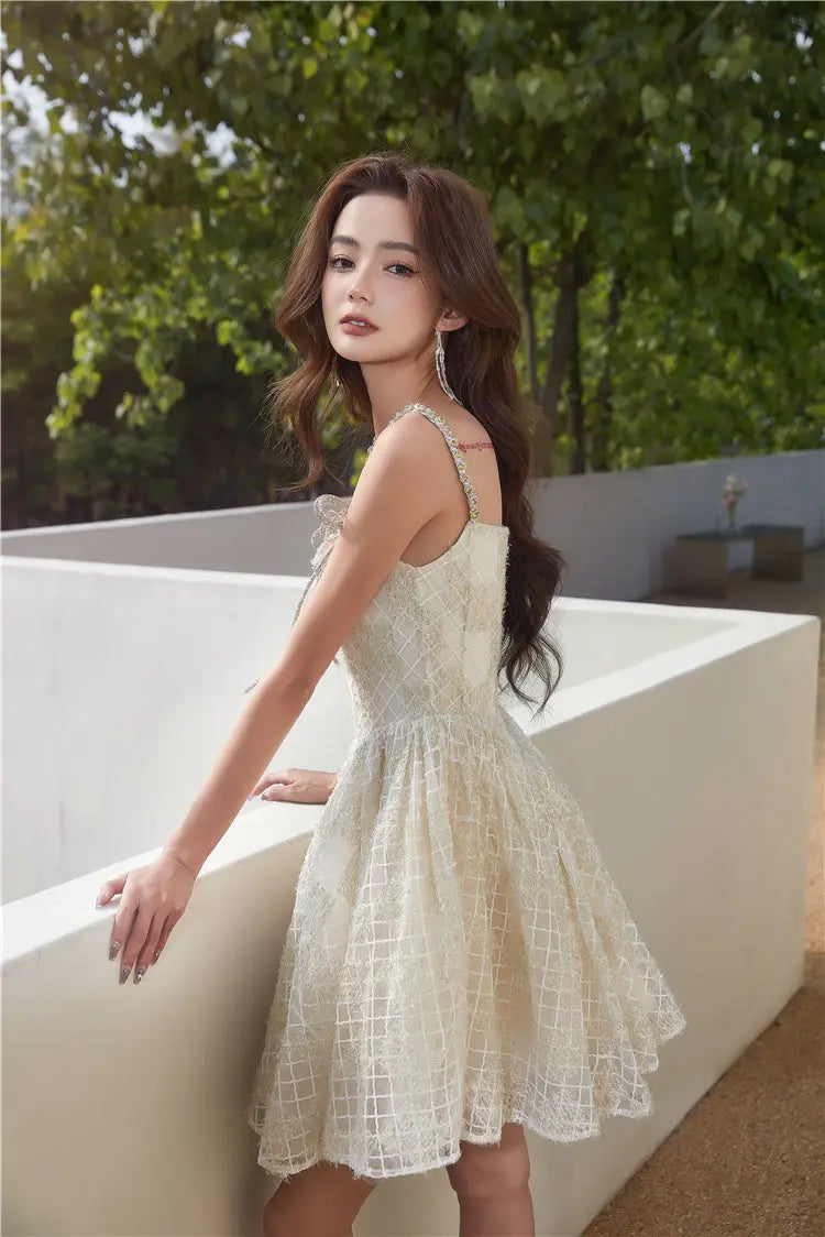 beige Square Collar Sleeveless lace cocktail Dress Avalabel