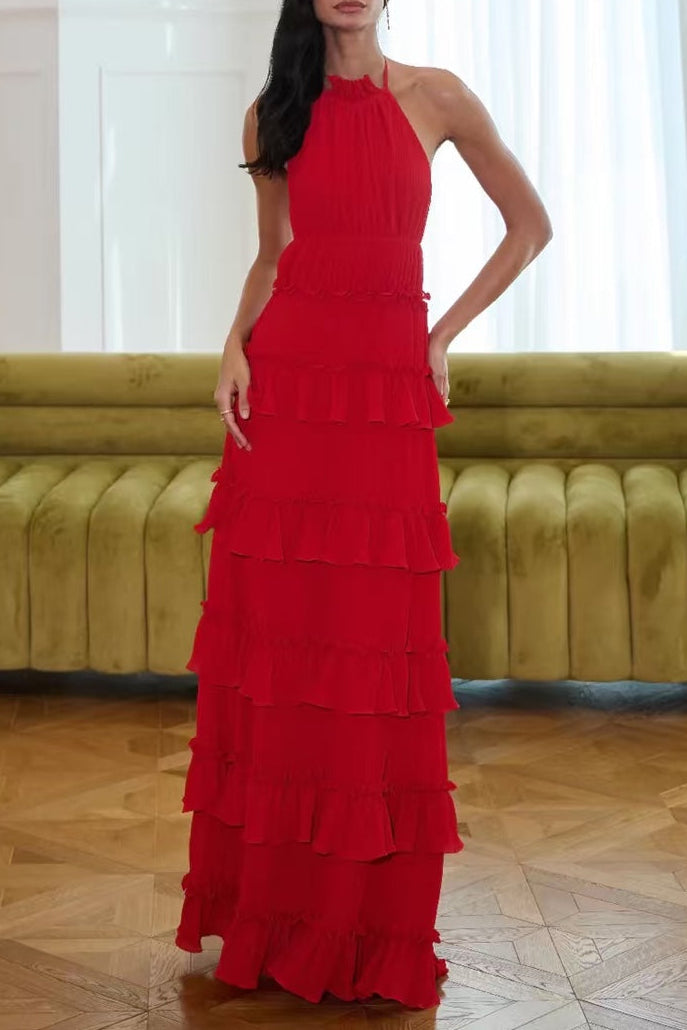 Lorraine  Ruffle Trim Layer Halter Maxi Dress - Red Avalabel