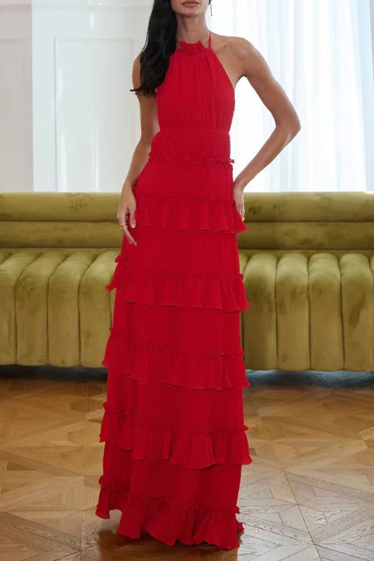 Lorraine  Ruffle Trim Layer Halter Maxi Dress - Red