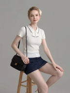 Striped Collar Bow Tie Ribbed Knit Short Sleeve Top poava