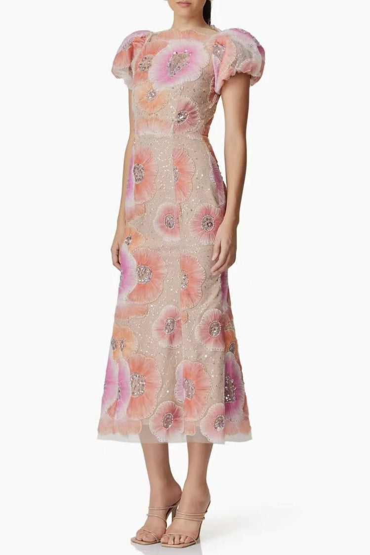 Lydia Puff Sleeve Floral Midi Dress in Pink Soraya