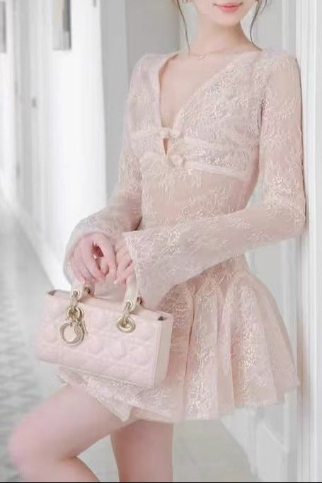 Eileen Long-Sleeve V-Neck Lace A-Line Mini Dress in Pink Avalabel