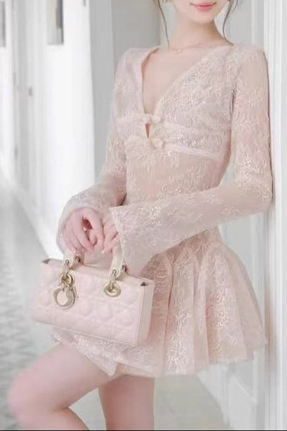 Eileen Long-Sleeve V-Neck Lace A-Line Mini Dress in Pink