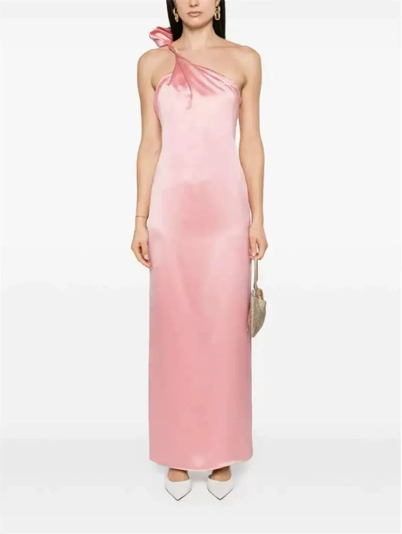Yvonne One-Shoulder 3D Flower Satin Maxi Dress in Pink Avalabel