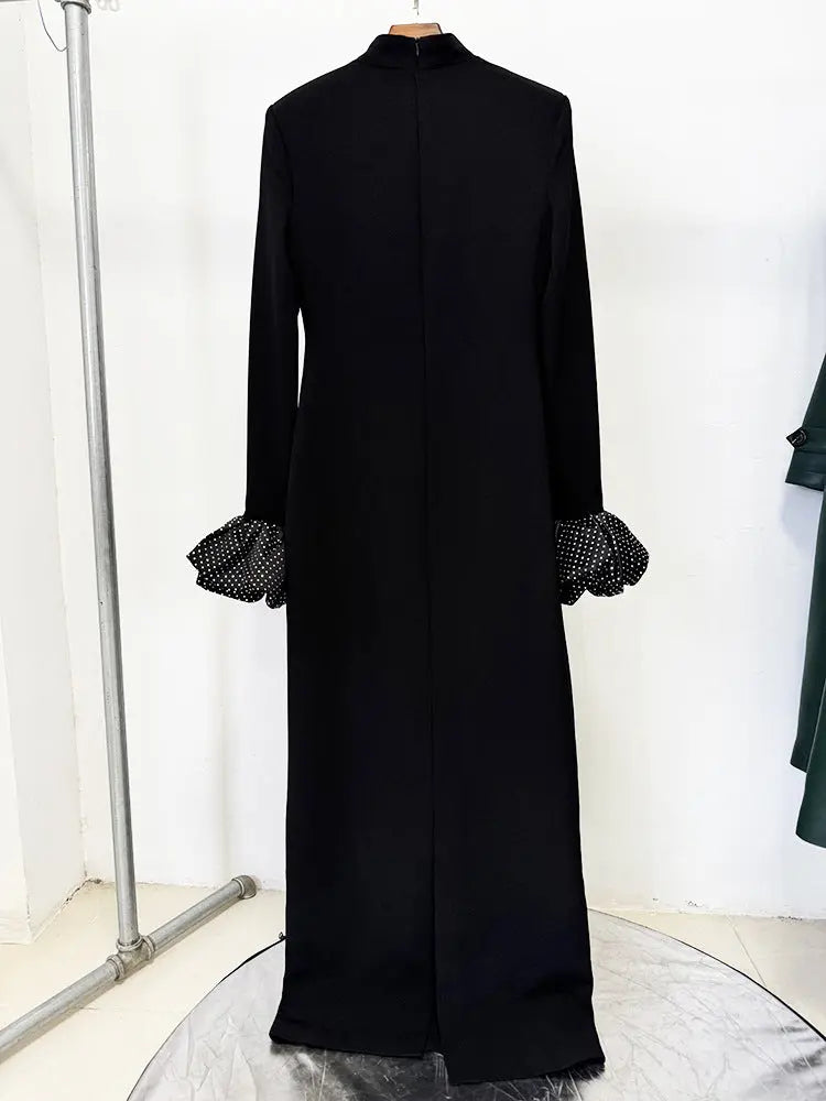 rachel black ruffled crystal-embellished crepe mock-neck gown Avalabel