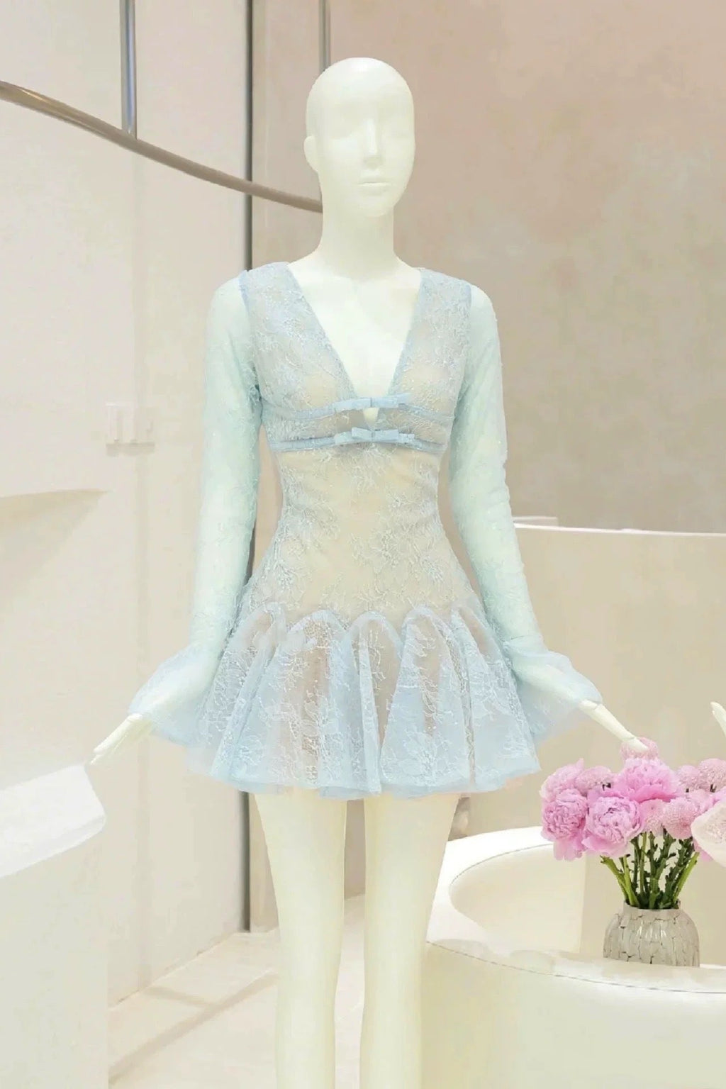 Eileen Long-Sleeve V-Neck Lace A-Line Mini Dress in Blue Avalabel
