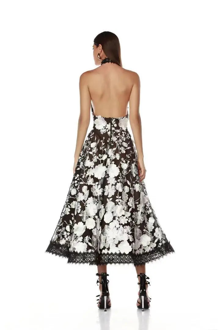 alyssa black Halter Floral Embroidered Midi Dress Avalabel