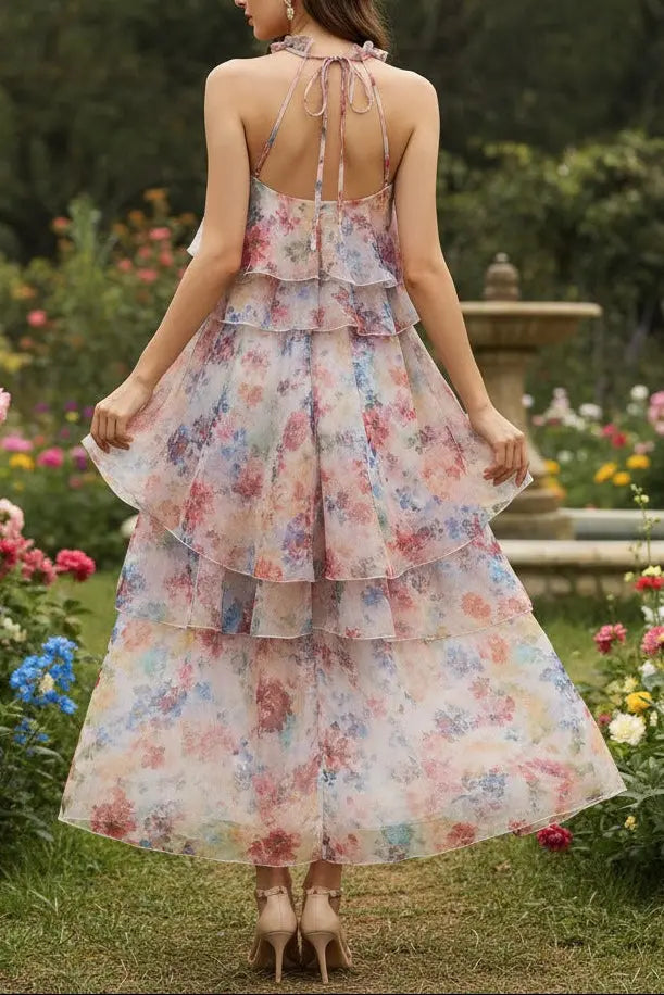 susie multicolor floral print layer halter midi dress Avalabel