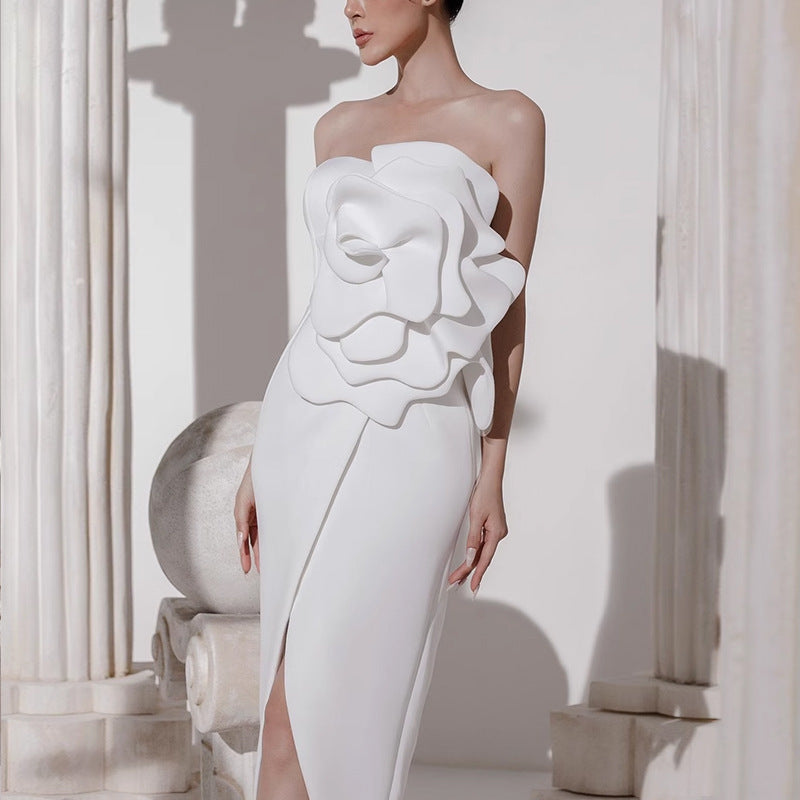 Valery 3d Flower Slit Midi Dress - White Avalabel