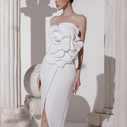 Valery 3d Flower Slit Midi Dress - White