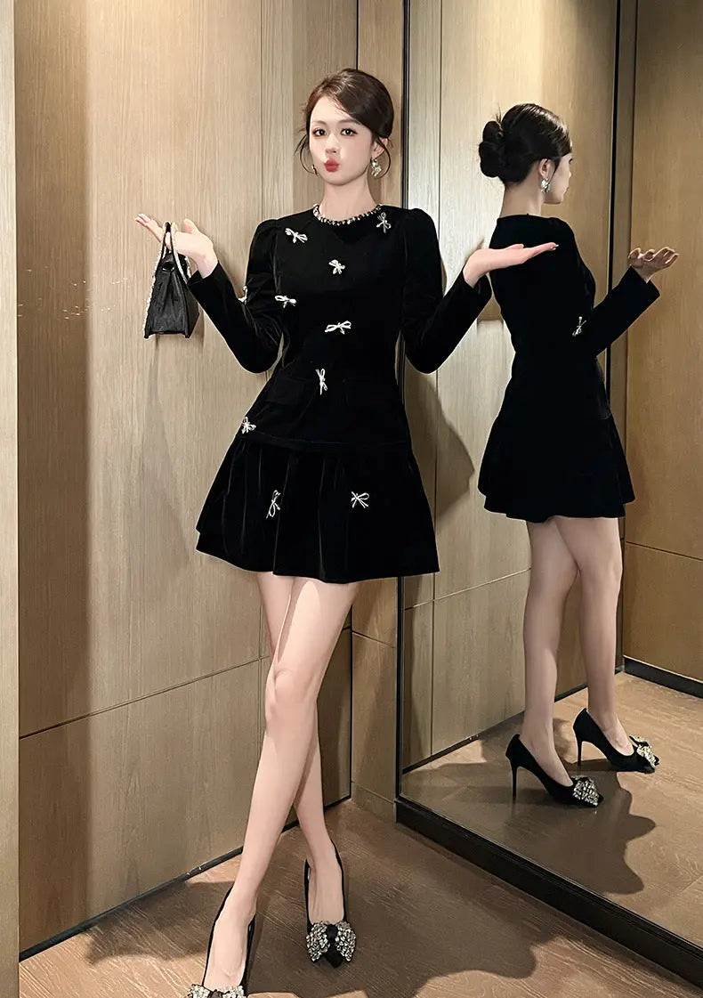 xaviera rhinestone embellishment velvet mini dress in black Avalabel