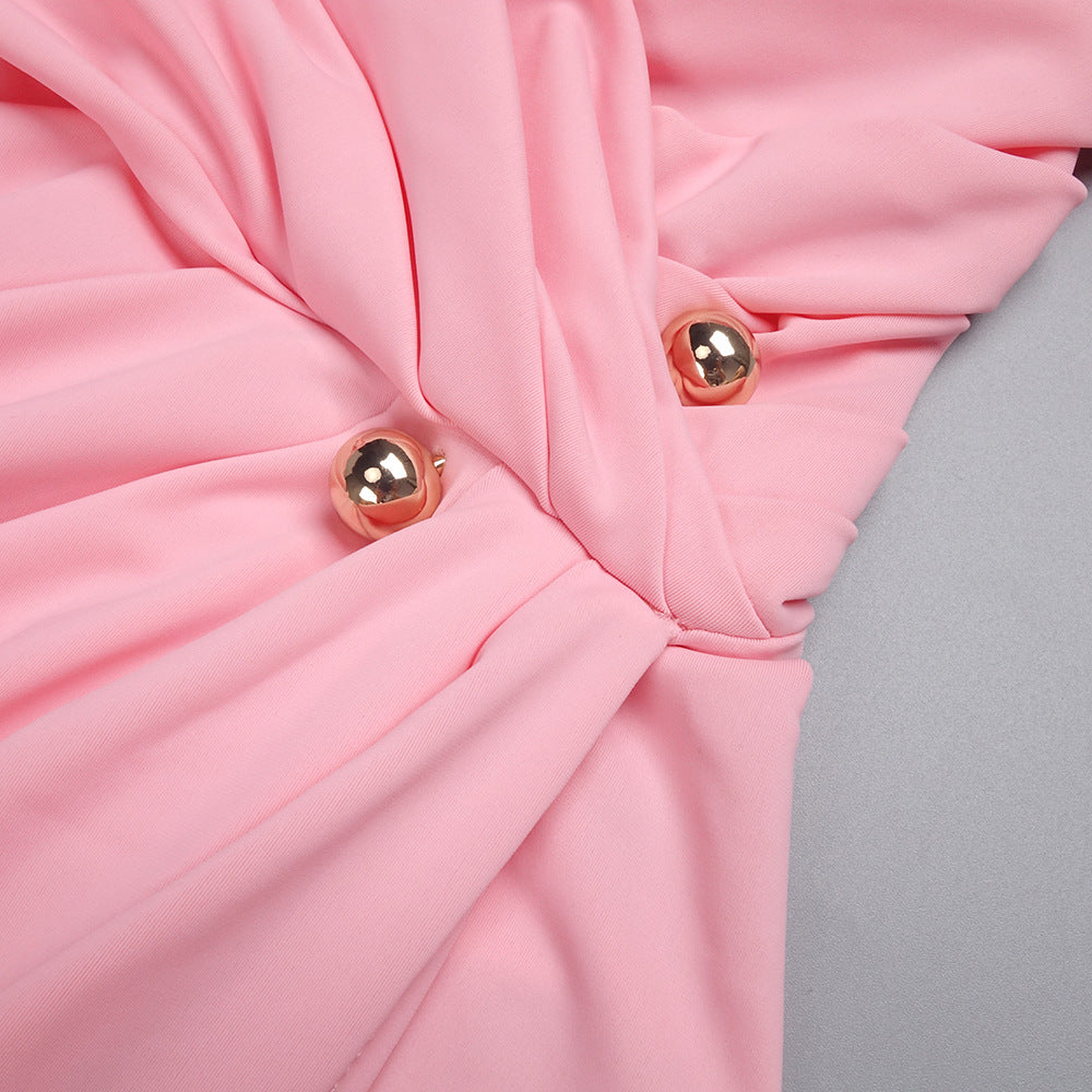bess One-shoulder slant neck pleated maxi dress in pink Avalabel