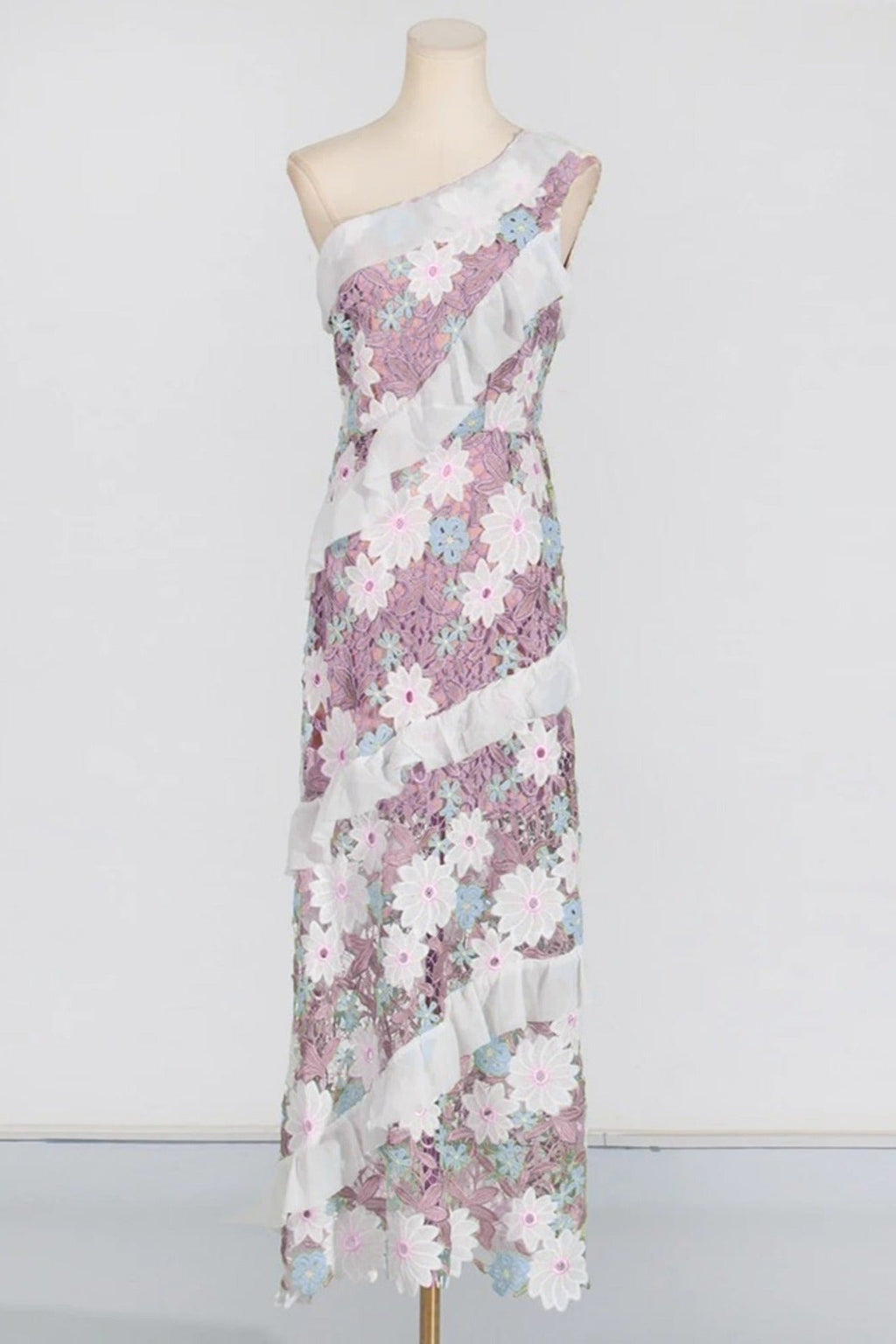 Floral One Shoulder Lace Maxi Dress in Purple Avalabel