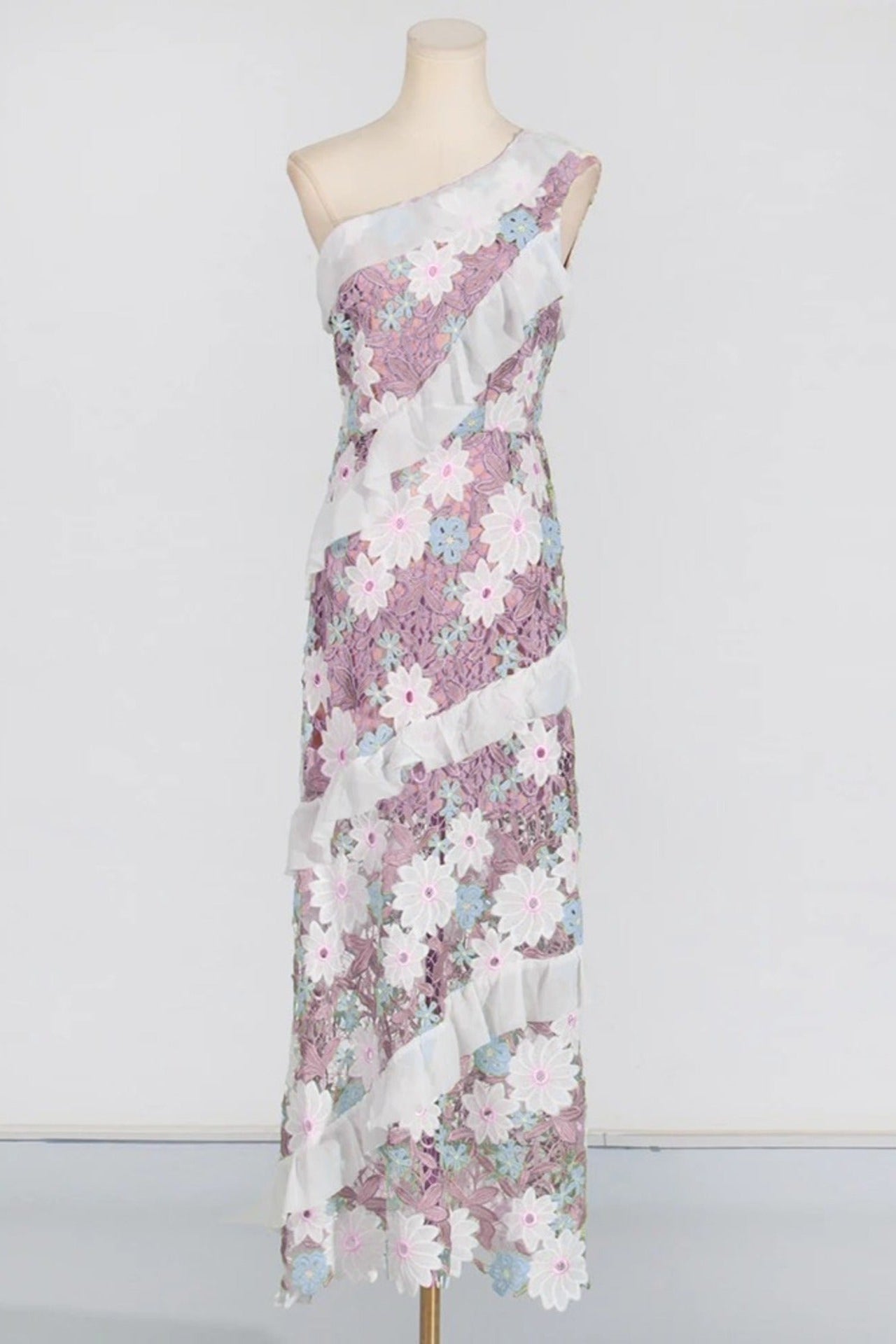 Floral One Shoulder Lace Maxi Dress in Purple Avalabel