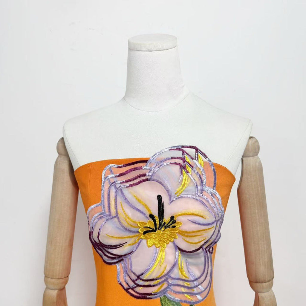 Suzanne Appliqué Floral Bustier Maxi Dress in Orange Avalabel
