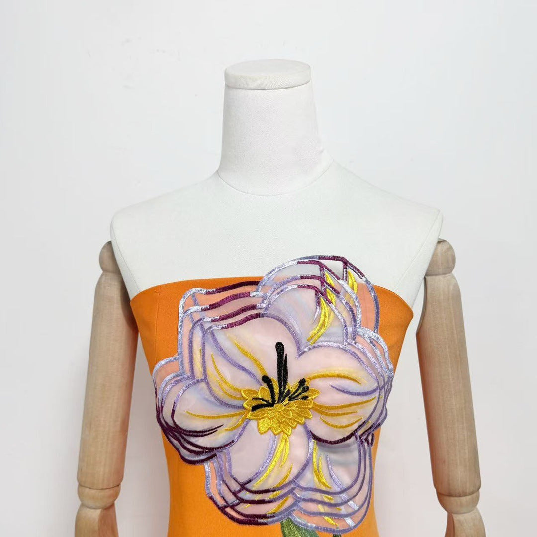 Suzanne Appliqué Floral Bustier Maxi Dress in Orange Avalabel