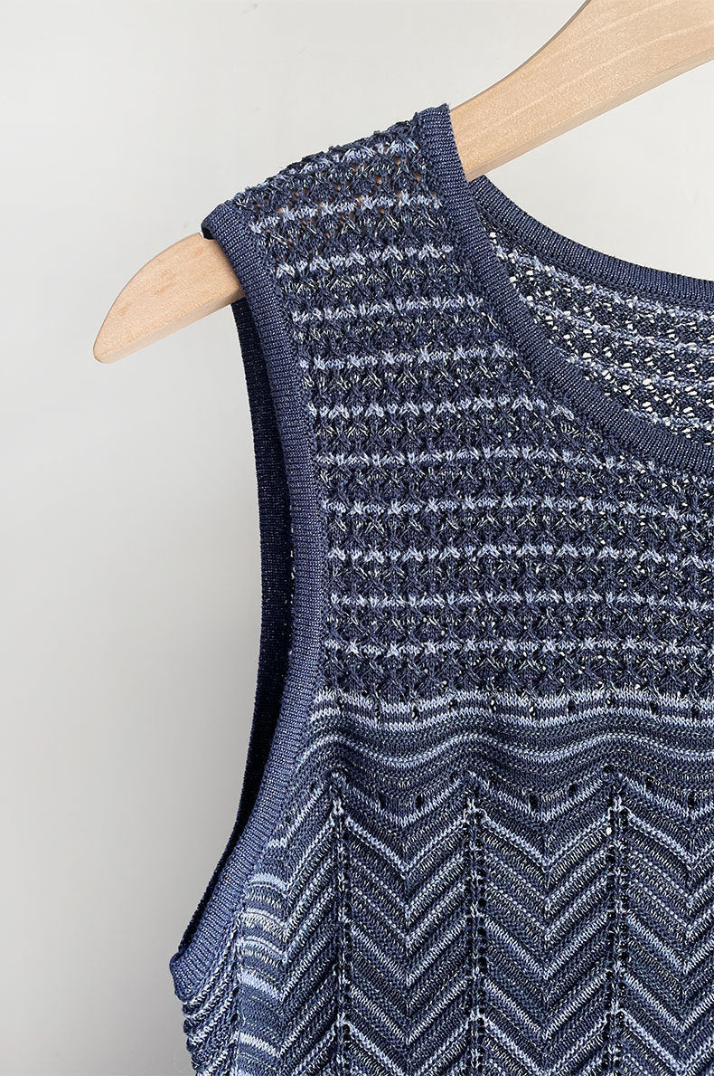 Hollow Striped Sleeveless Knit Midi Dress in Royal Blue Avalabel