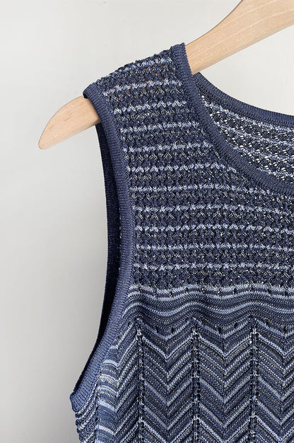 Hollow Striped Sleeveless Knit Midi Dress in Royal Blue