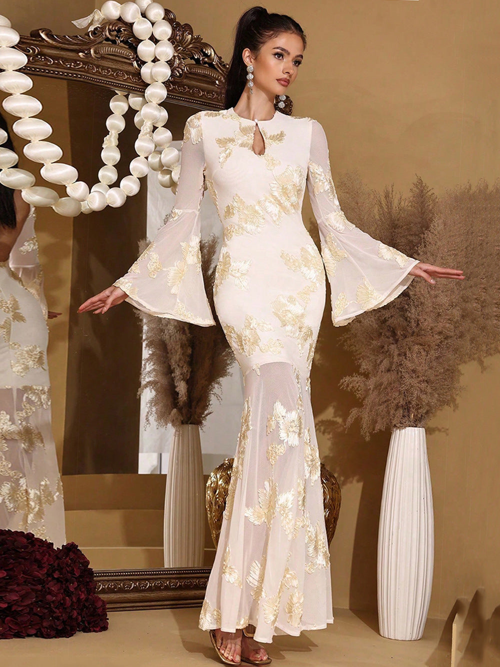 Trumpet sleeve hip-hugging mesh embroidery maxi dress in pale yellow Avalabel
