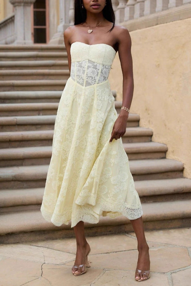 Amanda Yellow European American Style Sexy Backless Tie-Wrap Dress Avalabel