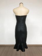 eudora off shoulder bodycon fishtail hem midi dress in black Avalabel