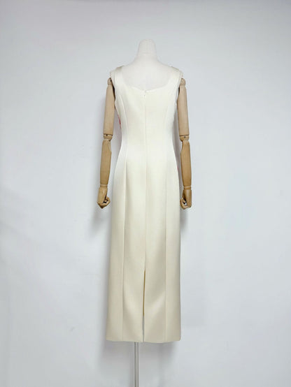nicola square neck flower embroidery satin maxi dress in apricot