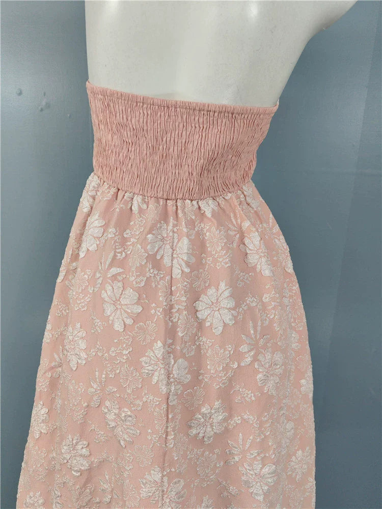 pink fairy jacquard halterneck open back big swing midi dress