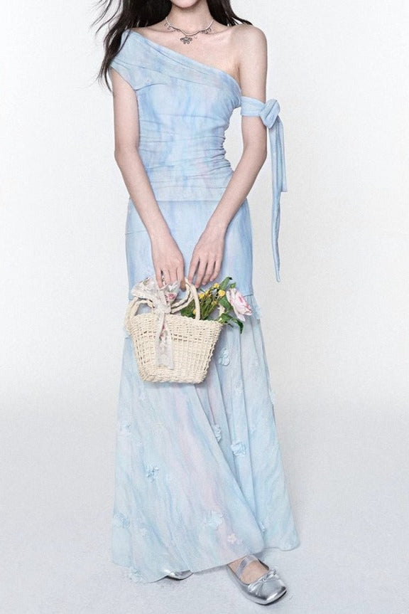 Rosalind One-Shoulder Pleated Slim Maxi Dress in Blue Avalabel