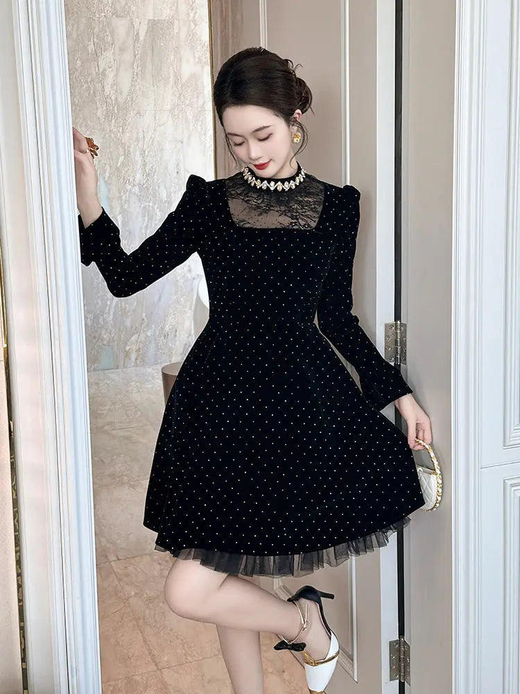 wendy Polka dots long sleeve velvet mini dress in black Avalabel