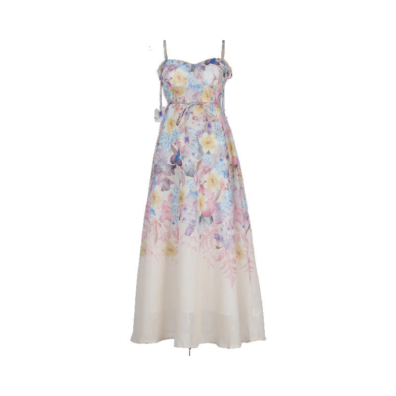 Pastel Floral Print Spaghetti Strap Midi Dress with 3D Flower Appliqués Avalabel