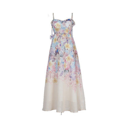 Pastel Floral Print Spaghetti Strap Midi Dress with 3D Flower Appliqués