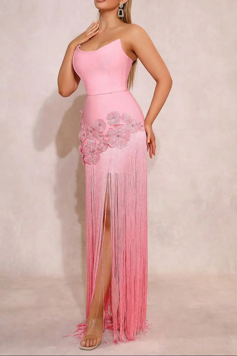Rita 3D Flower Diamond-Decorative Tassel Bandage Maxi Dress in Pink Avalabel
