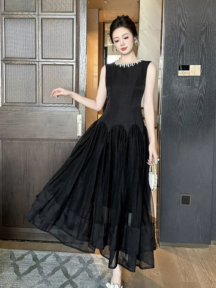 Mandy Black Pearl Neck Sleeveless Puffy Maxi Dress Avalabel