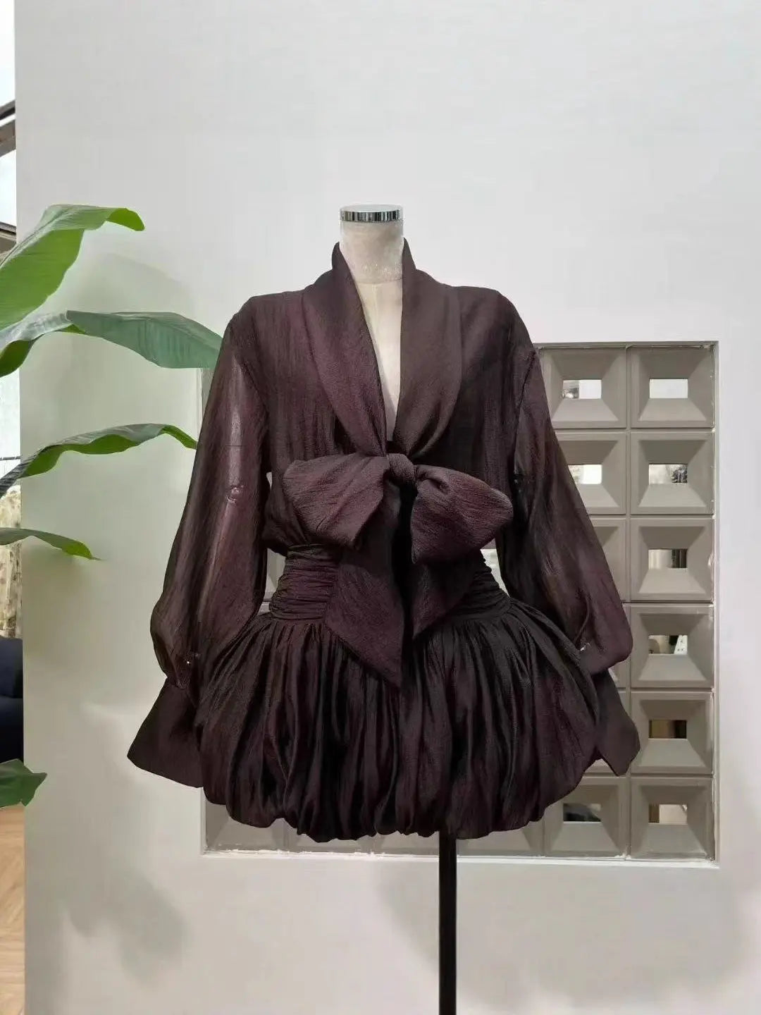 viola dark brown tie-neck bow mini shirt dress Avalabel