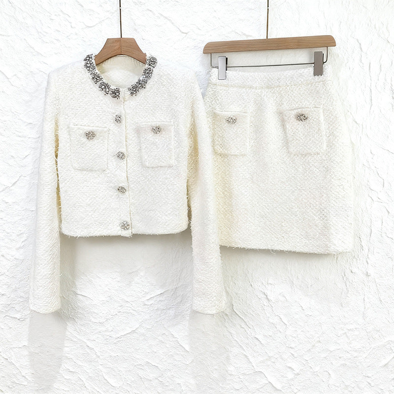alisa Diamond-embellished tweed cardigan skirt set in white Avalabel