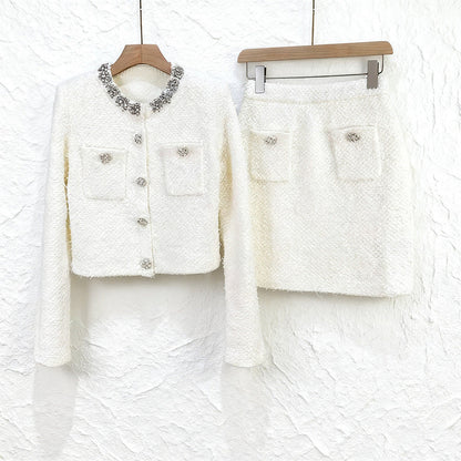 alisa Diamond-embellished tweed cardigan skirt set in white